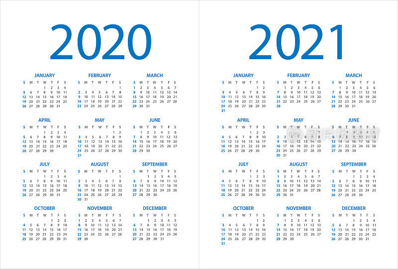 日历2020 2021 -插图。星期日开始工作